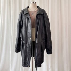Vintage‎ Black Leather Trench Coat Belted Jacket Oversized 90s Minimalist XL